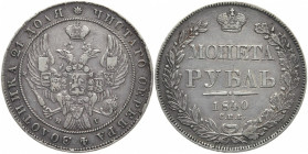 RUSSLAND GROSSFUERSTENTUM / KAISERREICH
Nikolaus I., 1825 - 1855. Rubel 1840, St. Petersburg. Bitkin 190. 20.98 g. Sehr schön +