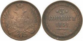 RUSSLAND GROSSFUERSTENTUM / KAISERREICH
Nikolaus I., 1825 - 1855. Ku.- 3 Kopeken 1851 EM. Bitkin 589. 14.81 g. Fast sehr schön