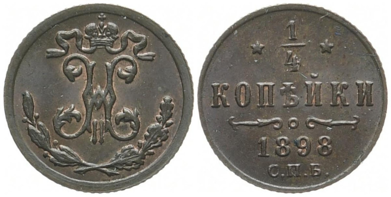 RUSSLAND GROSSFUERSTENTUM / KAISERREICH
Nikolaus II., 1894 - 1917. Ku.- 1/4 Kop...