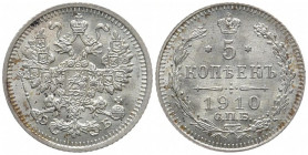 RUSSLAND GROSSFUERSTENTUM / KAISERREICH
Nikolaus II., 1894 - 1917. 5 Kopeken 1910, St. Petersburg. Bitkin 186. 0.94 g. Fast Stempelglanz