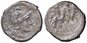 Anonime con simboli - Denario (211-170 a.C.) Testa di Roma a d. - R/ I Dioscuri a cavallo a d., sotto, ROMA in rilievo - B. 2; Cr. 44/5 AG (g 3,67)