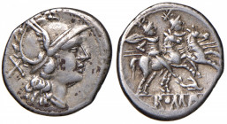 Anonime - Denario (zecca siciliana, 209-208 a.C.) Testa di Roma a d. - R/ I Dioscuri a cavallo a d., sotto, delfino - Cr. 80/1 AG (g 4,01)