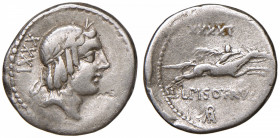 Calpurnia - L. Calpurnius Piso Frugi - Denario (90 a.C.) Testa di Apollo a d. - R/ Cavaliere al galoppo a d. con ramo di palma, sotto, ROMA in monogra...