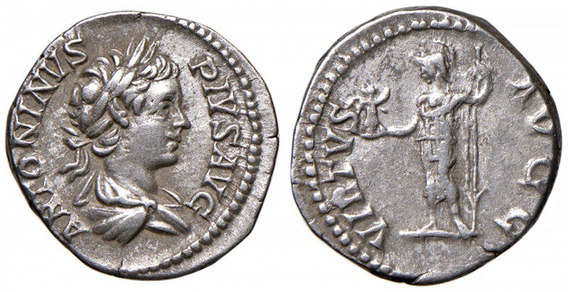 Caracalla (211-217) Denario - Testa laureata a d. - R/ La Virtù stante a s. - RI...