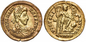 Onorio (393-423) Solido (Mediolanum) Busto a s. - R/ L’imperatore stante a d. - RIC 35 AU (g 4,46) Patina rossastra, da montatura