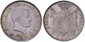 Napoleone (1804-1814) Milano - 5 Lire 1814 Puntali sagomati - Gig. 124 AG (g 24,99) Minimi colpetti al bordo, bella patina iridescente