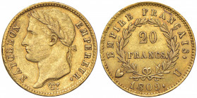 Napoleone (1805-1814) Torino - 20 Franchi 1809 - Gig. 18 AU (g 6,44) RRR Graffi di conio al D/, modesti depositi