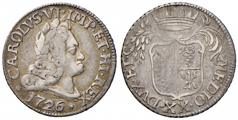 MILANO Carlo VI (1711-1740) 20 Soldi 1726 - MIR 414/5 AG (g 3,70) RRR Graffi al ...