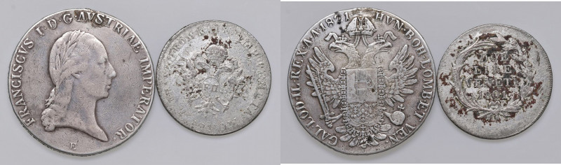 Lotto di due monete: tallero 1821 E, 2 lire venete 1801