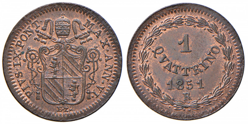 Pio IX (1846-1870) Quattrino 1851 A. VI - Nomisma 834 CU (g 1,77) Tracce di rame...