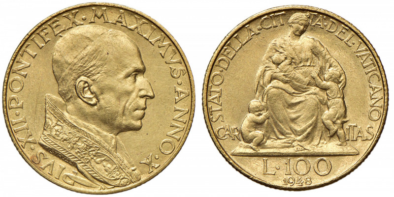 Pio XII (1939-1958) 100 Lire 1948 A. X - Nomisma 944 AU (g 5,22) Graffietti da s...