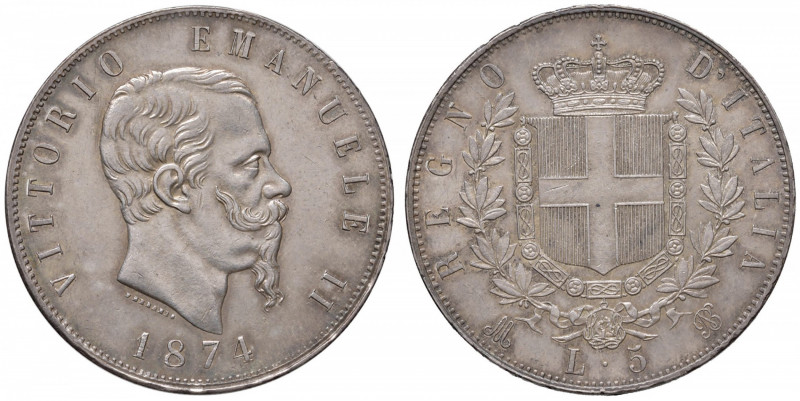 Vittorio Emanuele II (1861-1878) 5 Lire 1874 M - Nomisma 896 AG Graffio sulla gu...