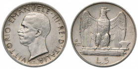 Vittorio Emanuele III (1900-1946) 5 Lire 1927** - Nomisma 1133 AG Minimo segnetto al D/, minimo colpetto al bordo