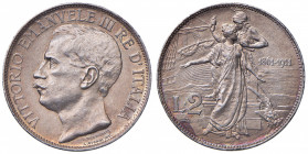 Vittorio Emanuele III (1900-1946) 2 Lire 1911 Cinquantenario - Nomisma 1162 AG Bella patina, minimi colpetti al bordo