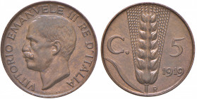 Vittorio Emanuele III (1900-1946) 5 Centesimi 1919 - Nomisma 1349 CU Minimi hairlines al D/