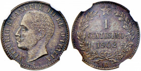 Vittorio Emanuele III (1900-1946) Centesimo 1902 - Nomisma 1391 CU RRR In slab NGC MS63BN 5780260-002