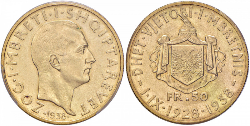 ALBANIA Zog (1925-1939) 50 Franga 1938 Decennale del Regno - Fr. 16 AU RR In sla...