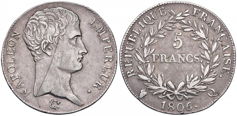 FRANCIA Napoleone (1804-1814) 5 Franchi 1806 Q - Gad. 581 AG (g 24,78) Graffio a...