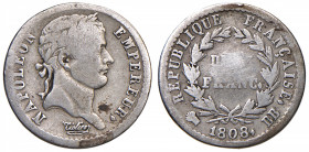 FRANCIA Napoleone (1804-1814) Mezzo franco 1808 BB - Gad. 398, KM 680.3 AG (g 2,39)