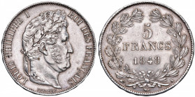 FRANCIA Luigi Filippo I (1830-1848) 5 Franchi 1848 A - KM 749.1 AG (g 25,01)