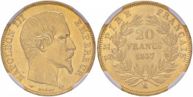 FRANCIA Napoleone III (1852-1870) 20 Franchi 1857 A - KM 781 AU In slab NGC MS 64 cod. 6141352-023