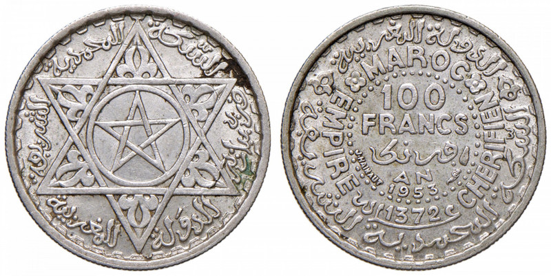 MAROCCO Mohammed V (1927-1957) 100 Franchi 1953 - KM 52 AG (g 4,01) Modesti depo...