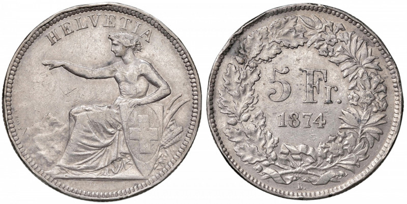 SVIZZERA Confederazione - 5 Franchi 1874 - AG (g 24,86) Diffusi colpi al bordo