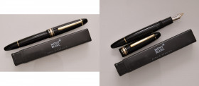 MONTBLANC Penna stilografica - Modello Meisterstück n.146. Corpo della penna in pregiata resina nera con finiture dorate. Pennino bicolore in oro 18kt...