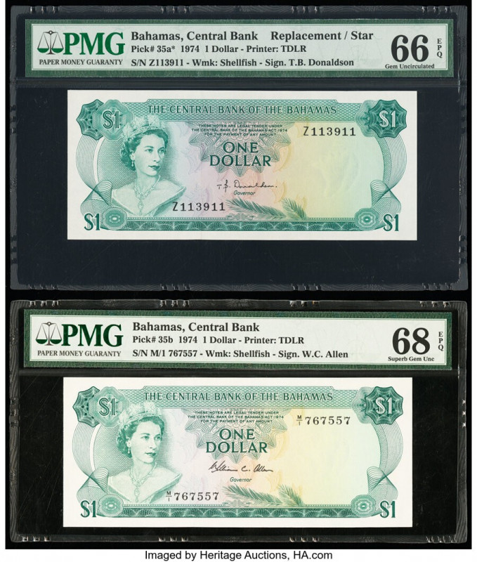 Bahamas Central Bank 1 Dollar 1974 Pick 35a*; 35b Replacement PMG Gem Uncirculat...
