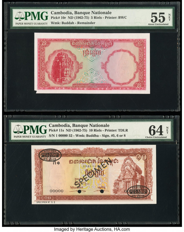 Cambodia Banque Nationale du Cambodge 5; 10 Riels ND (1962-75) Pick 10r; 11s Rem...