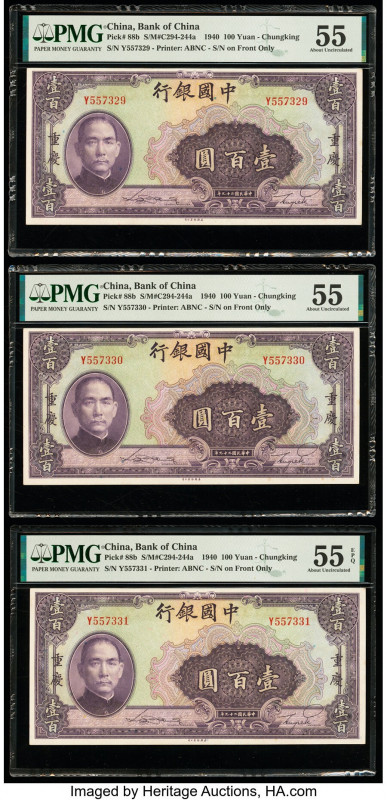 China Bank of China 100 Yuan 1940 Pick 88b S/M#C294-244a Three Consecutive Examp...