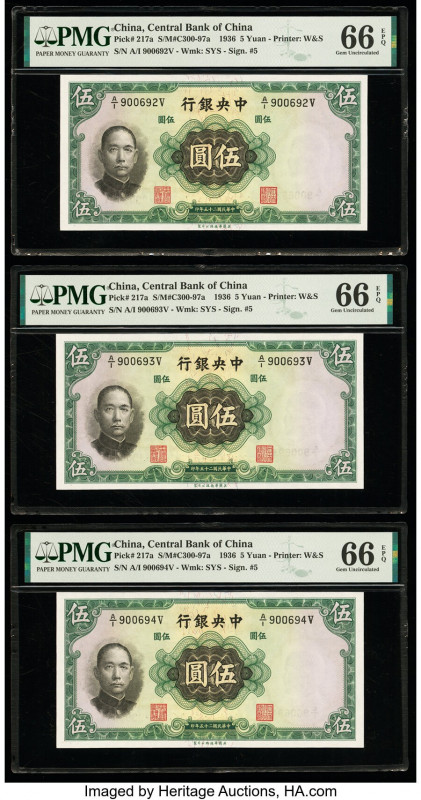 China Central Bank of China 5 Yuan 1936 Pick 217a S/M#C300-97a Three Consecutive...