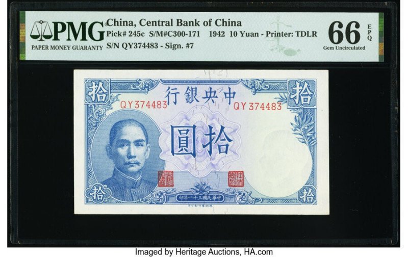 China Central Bank of China 10 Yuan 1942 Pick 245c S/M#C300-171 PMG Gem Uncircul...