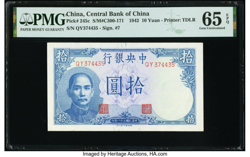 China Central Bank of China 10 Yuan 1942 Pick 245c S/M#C300-171 PMG Gem Uncircul...