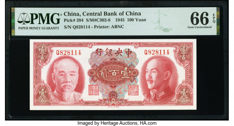 China Central Bank of China 100 Yuan 1945 Pick 394 S/M#C302-8 PMG Gem Uncirculat...