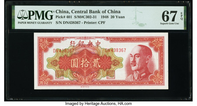 China Central Bank of China 20 Yuan 1948 Pick 401 S/M#C302-31 PMG Superb Gem Unc...