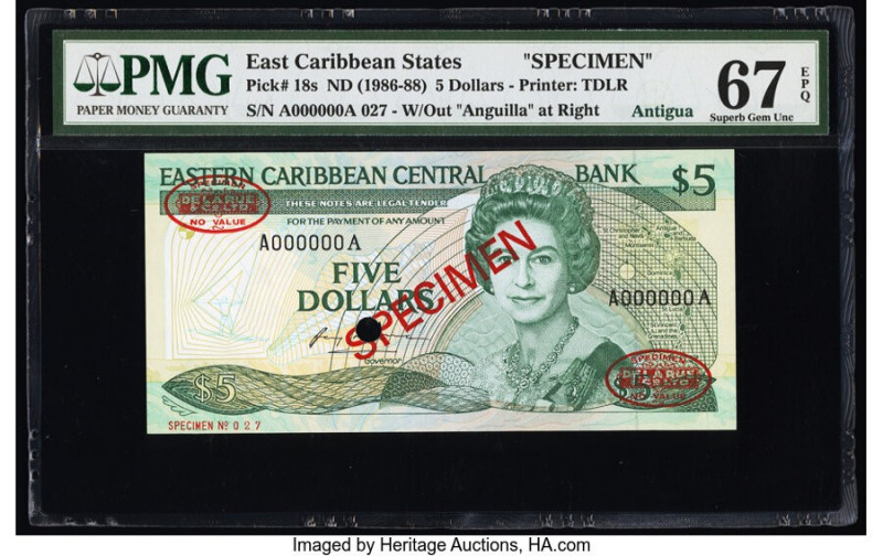 East Caribbean States Central Bank 5 Dollars ND (1986-88) Pick 18s Specimen PMG ...