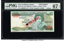 East Caribbean States Central Bank 5 Dollars ND (1986-88) Pick 18s Specimen PMG Superb Gem Unc 67 EPQ. Red Specimen & TDLR overprints and one POC pres...