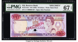 Fiji Reserve Bank of Fiji 10 Dollars ND (1989) Pick 92s1 Specimen PMG Superb Gem Unc 67 EPQ. Red Specimen & TDLR overprints and one POC present on thi...