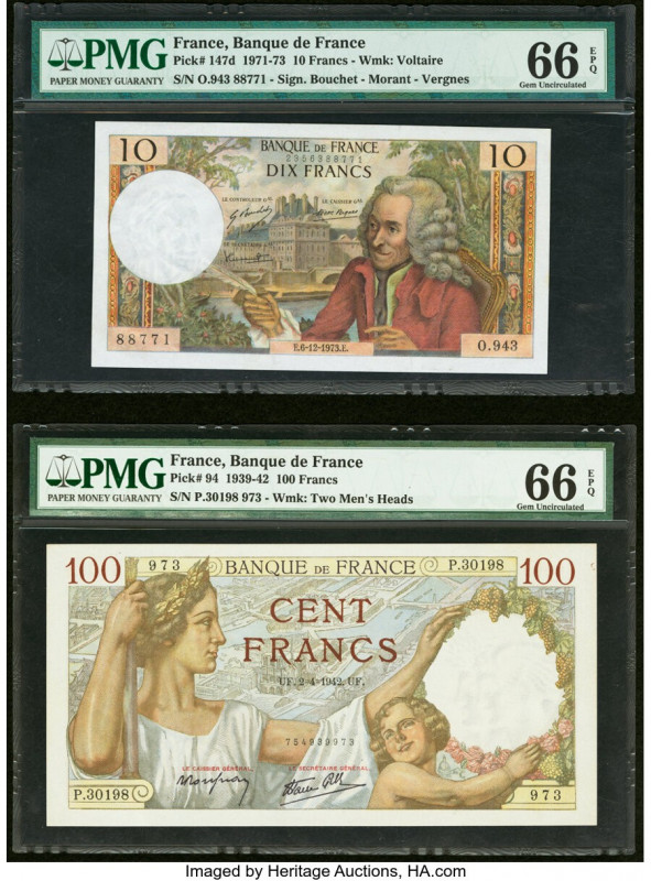 France Banque de France 100; 10; 1000 Francs 2.4.1942; 6.12.1973; 11.2.1943 Pick...