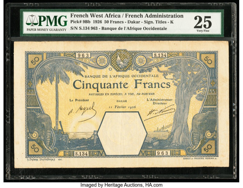 French West Africa Banque de l'Afrique Occidentale 50 Francs 11.2.1926 Pick 9Bb ...