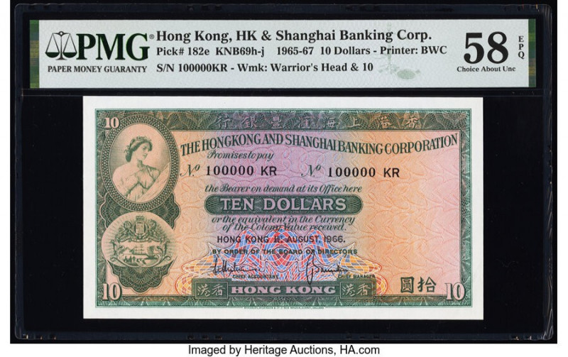 Hong Kong Hongkong & Shanghai Banking Corp. 10 Dollars 1.8.1966 Pick 182e KNB69 ...