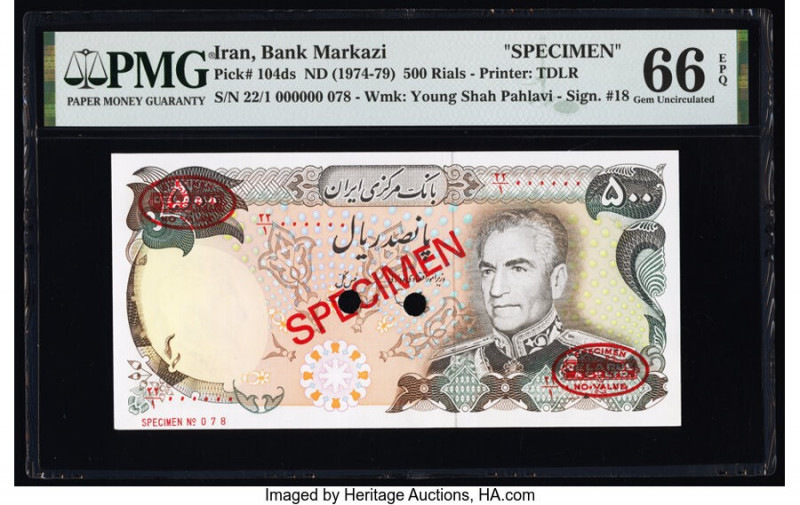 Iran Bank Markazi 500 Rials ND (1974-79) Pick 104ds Specimen PMG Gem Uncirculate...