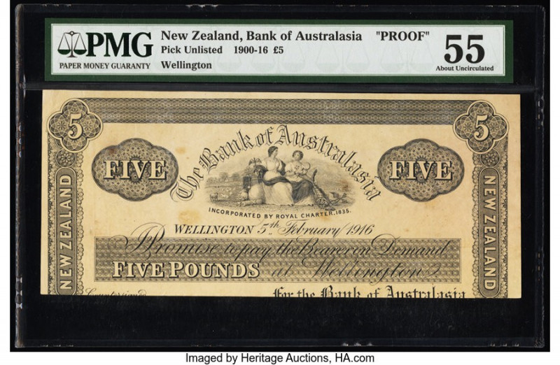 New Zealand Bank of Australasia 5 Pounds 5.2.1916 Pick UNL Proof PMG About Uncir...