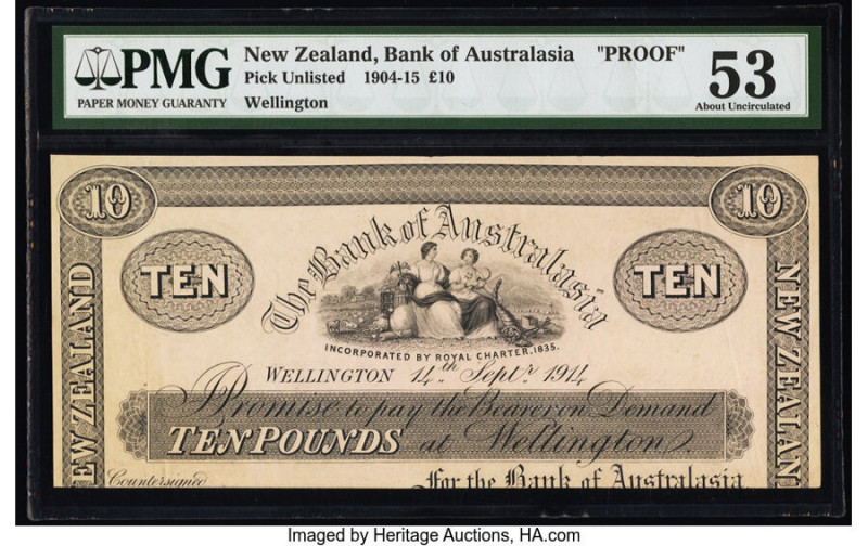 New Zealand Bank of Australasia 10 Pounds 14.9.1914 Pick UNL Proof PMG About Unc...