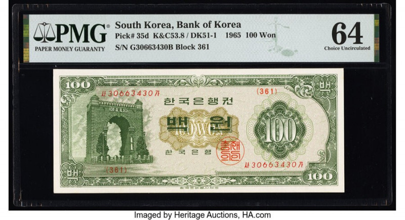 South Korea Bank of Korea 100 Won 1965 Pick 35d PMG Choice Uncirculated 64. 

HI...