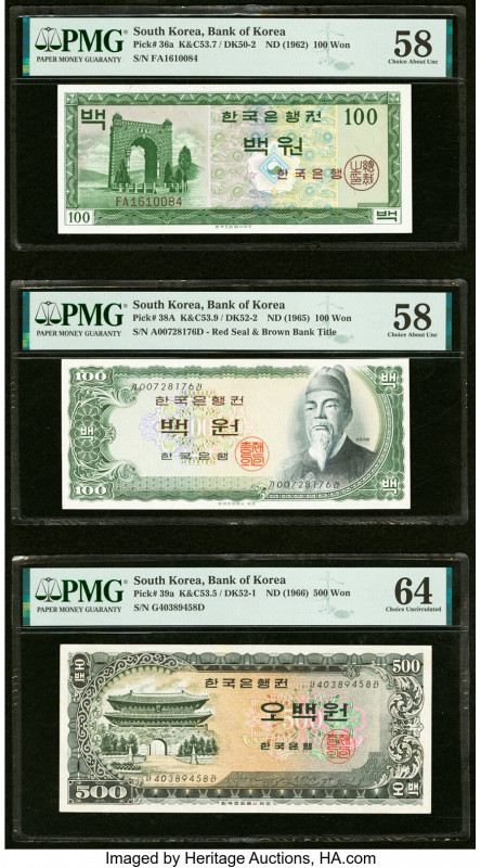 South Korea Bank of Korea 100 (2); 500 Won ND (1962); (1965); (1966) Pick 36a; 3...