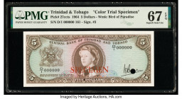 Trinidad & Tobago Central Bank 5 Dollars 1964 Pick 27ccts Color Trial Specimen PMG Superb Gem Unc 67 EPQ. Red Specimen overprint and one POC present. ...