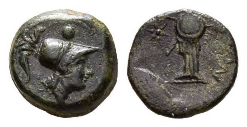 Apulia, Caelia Uncia circa 220-150, Æ 18mm, 6.03 g. Helmeted head of Athena righ...
