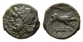 Apulia, Salapia Bronze circa 225-210, Æ 21mm, 6.92 g. ΣAΛAΠINΘΩN Laureate head of Zeus left; behind thunderbolt. Rev. Boar charging right; above tride...